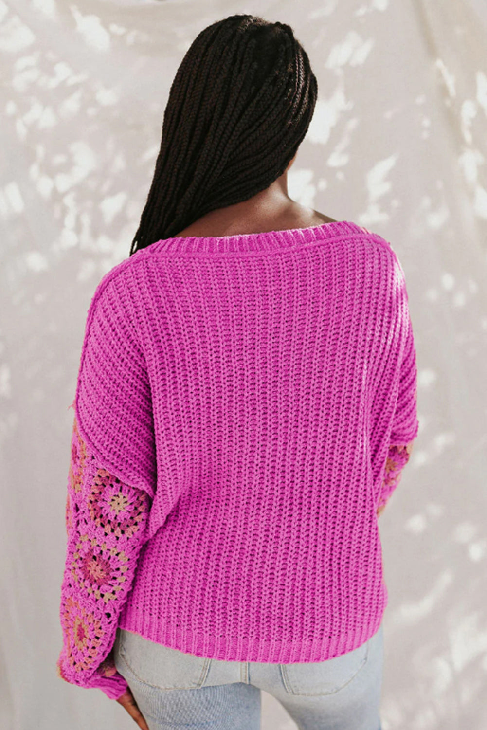 Rose Floral Crochet Cable Knit V Neck Sweater