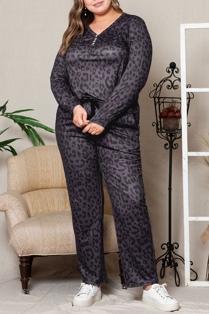 Leopard Long Sleeve Henley Top Pajamas Set