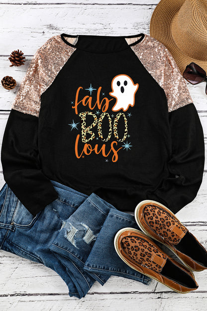 Top con mangas raglán y lentejuelas con estampado de leopardo negro Boo Ghost