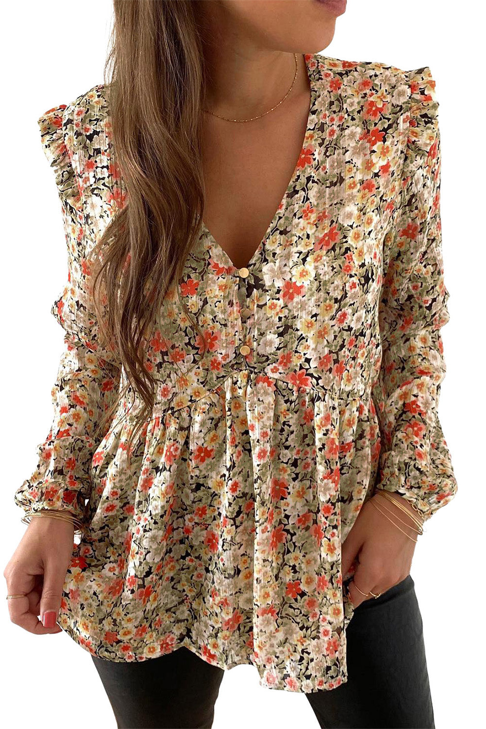 Blusa babydoll con volantes, cuello en V y estampado floral color caqui