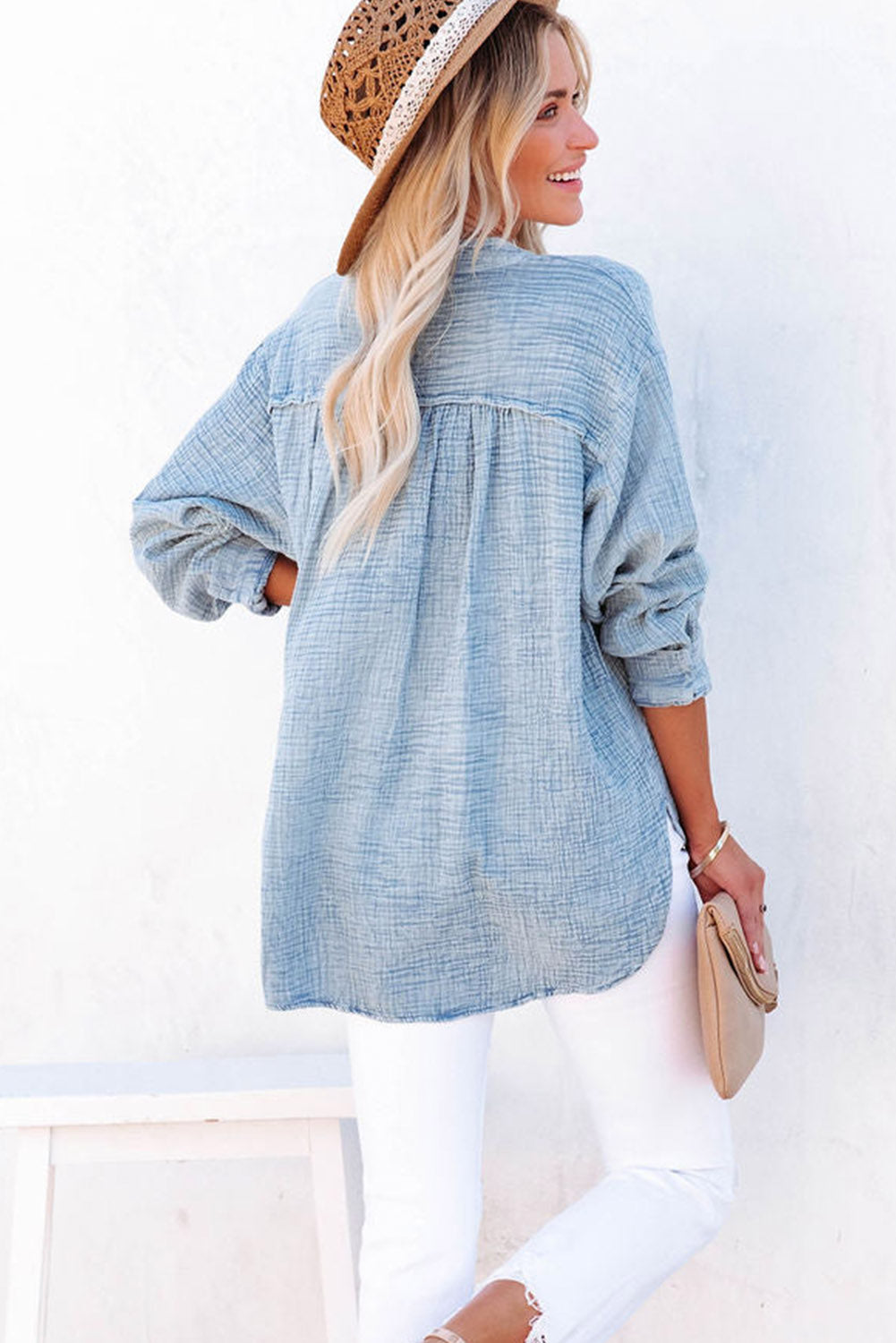 Pink Crinkle Textured Loose Henley Top