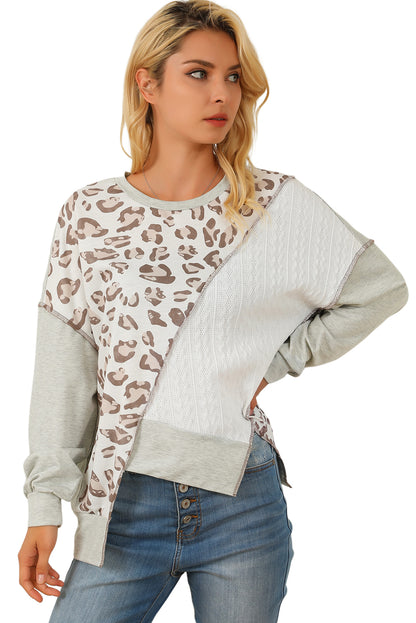 Sudadera holgada con empalme de textura de leopardo asimétrica 