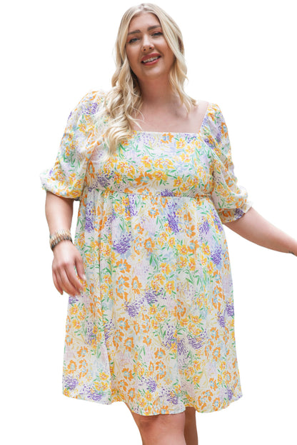 Multicolor Plus Size Floral Print Ruffle Bubble Sleeve Babydoll Dress