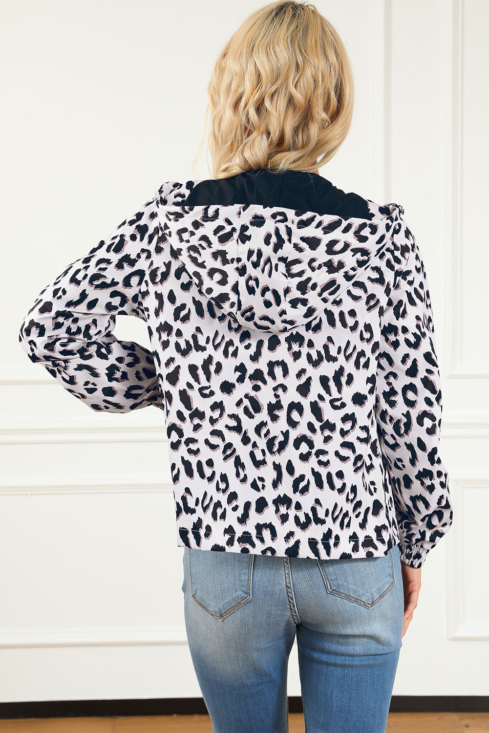 Leopard Zip Up Collared Hooded Windbreaker