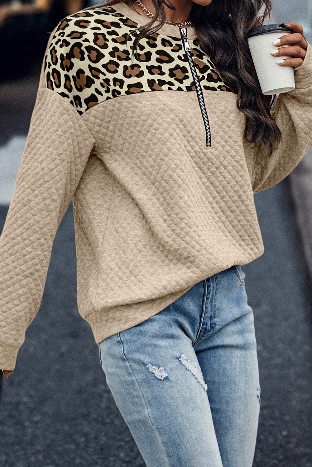 Gray Leopard Splicing Drop Shoulder Zipped Sweatshirt