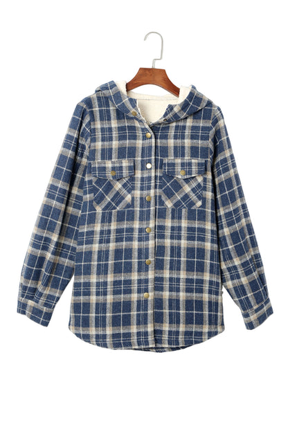 Gray Plaid Pattern Sherpa Lined Hooded Shacket