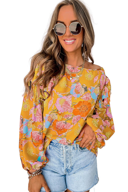 Blusa con mangas abullonadas y volantes con estampado floral de jengibre