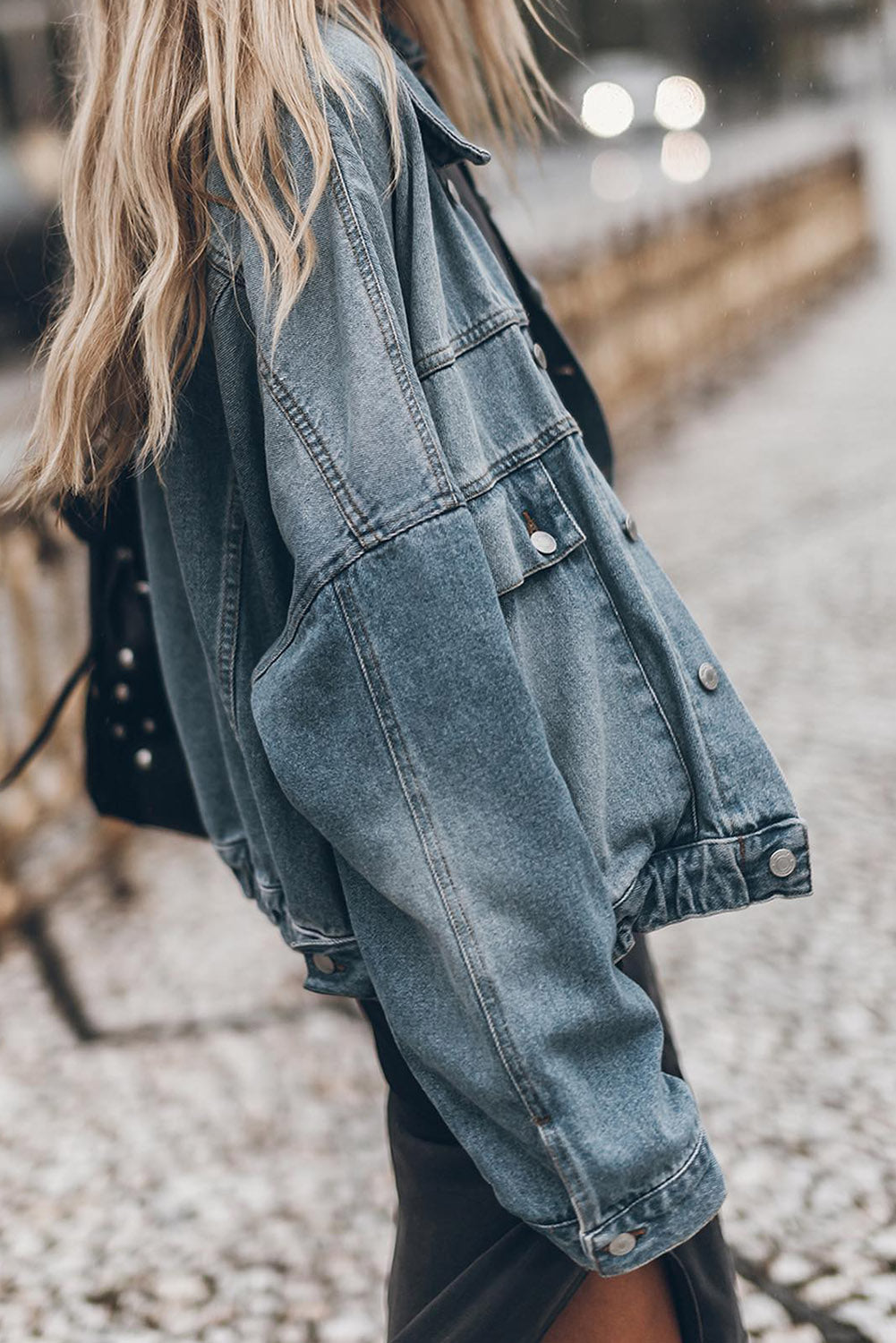 Sky Blue Metal Buttons Flap Pocket Drop Shoulder Denim Jacket