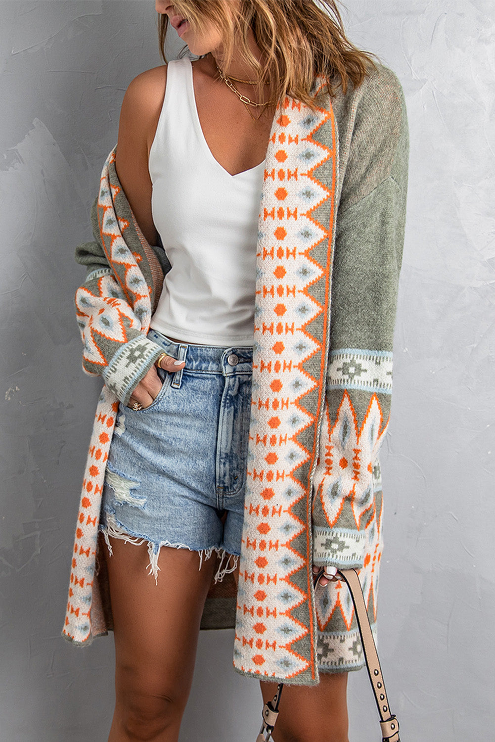 Green Aztec Print Open Front Knitted Cardigan