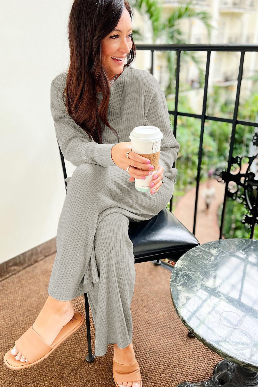 Gray Ribbed Drop Shoulder Pullover and Pants Lounge Set