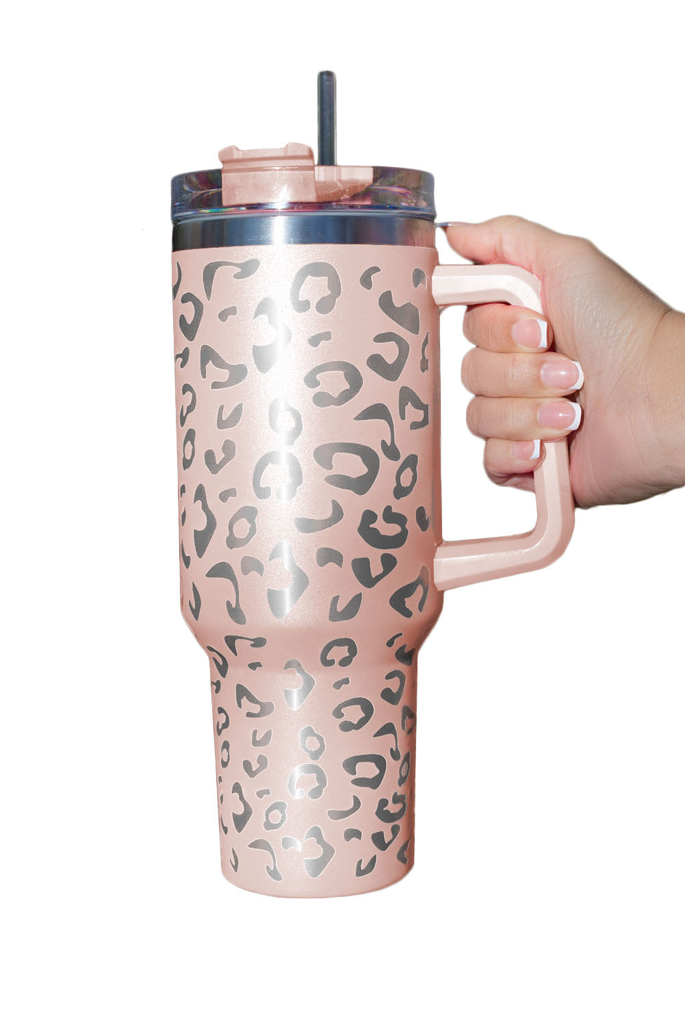 Taza de acero inoxidable 304 con doble aislamiento y manchas de leopardo rosa de 40 oz