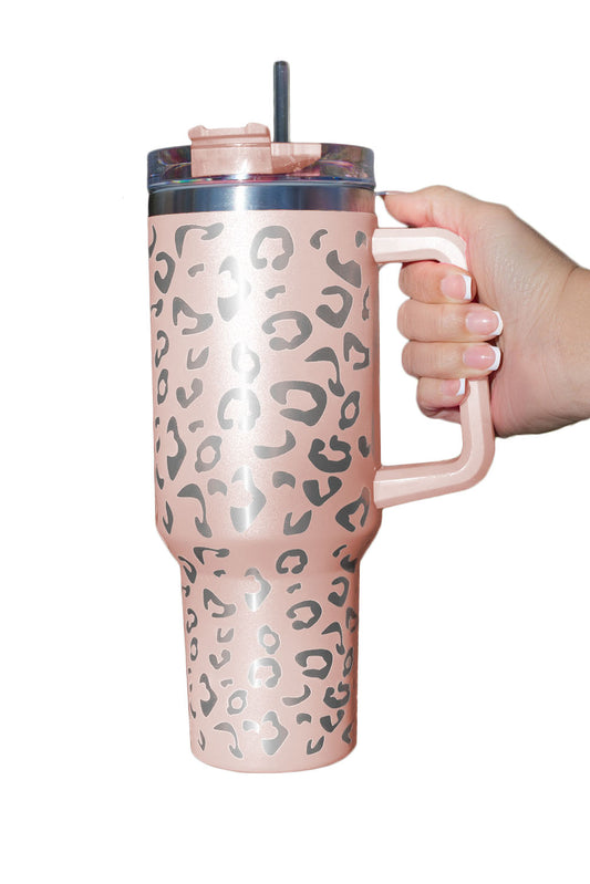 Taza de acero inoxidable 304 con doble aislamiento y manchas de leopardo rosa de 40 oz