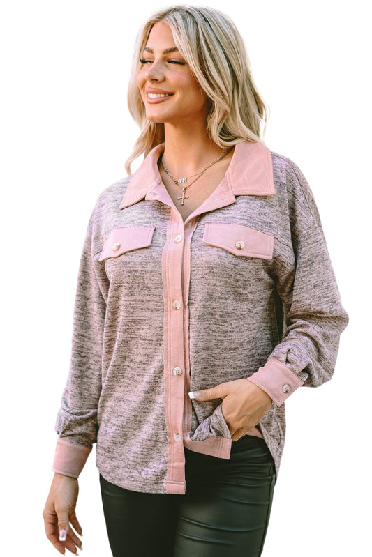 Pink Contrast Trim Collared Casual Shacket