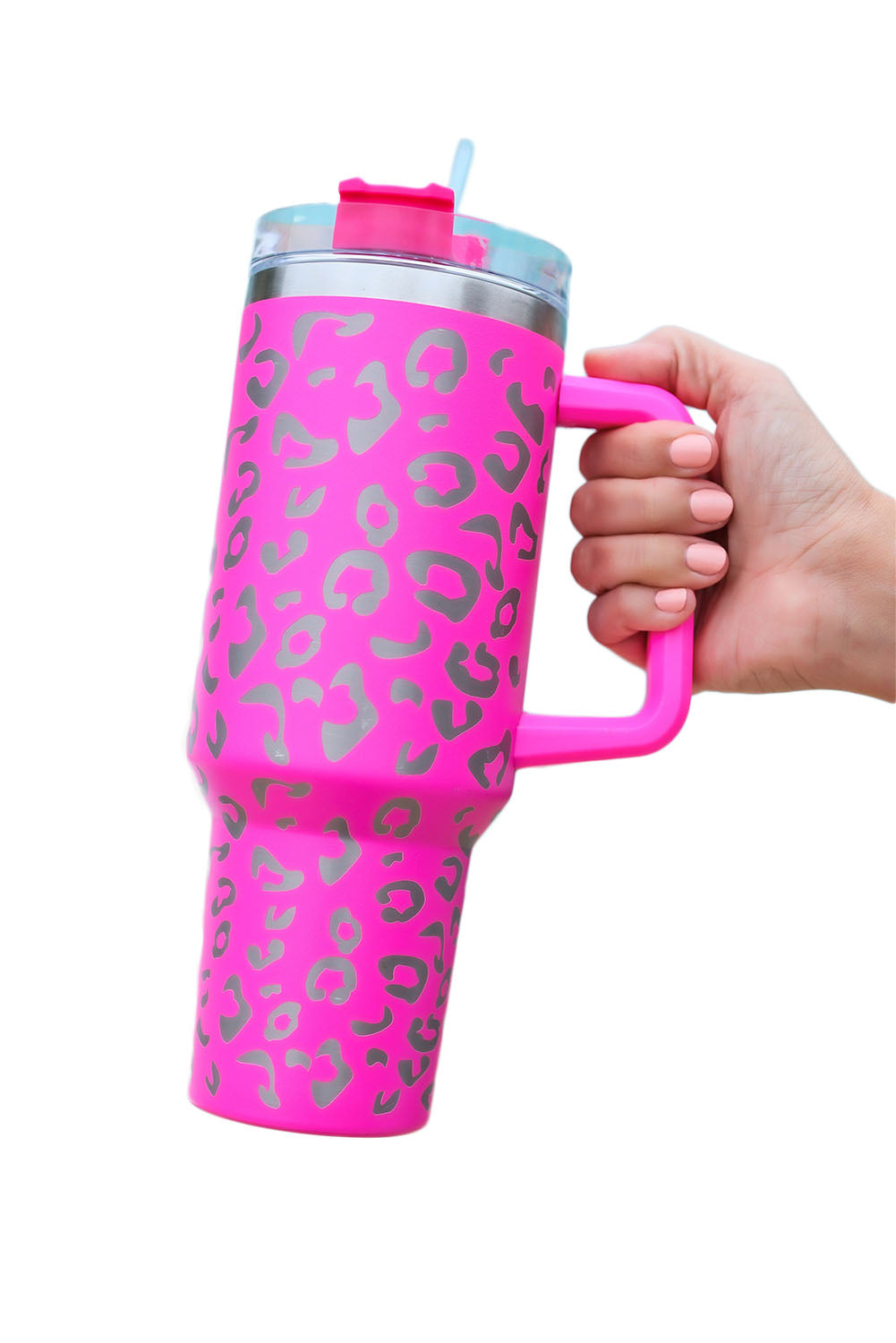 Taza de acero inoxidable 304 con doble aislamiento y manchas de leopardo rosa de 40 oz