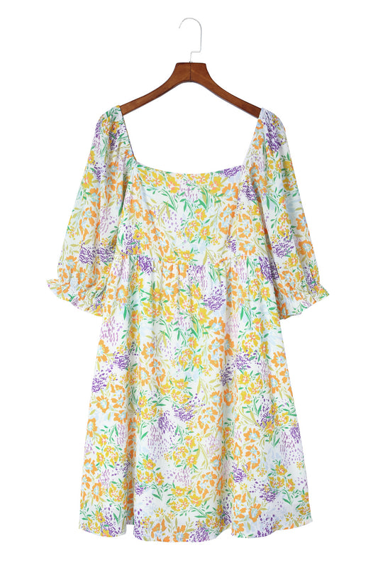 Vestido babydoll con mangas abullonadas y estampado floral multicolor de talla grande