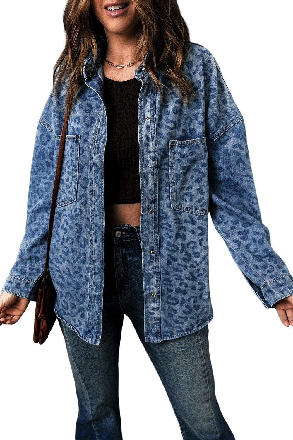 Sky Blue Oversized Leopard Denim Jacket with Pockets