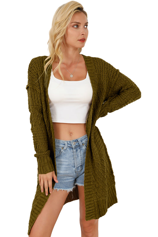 Green Exposed Seam Mixed Knit Drop Shoulder Cardigan