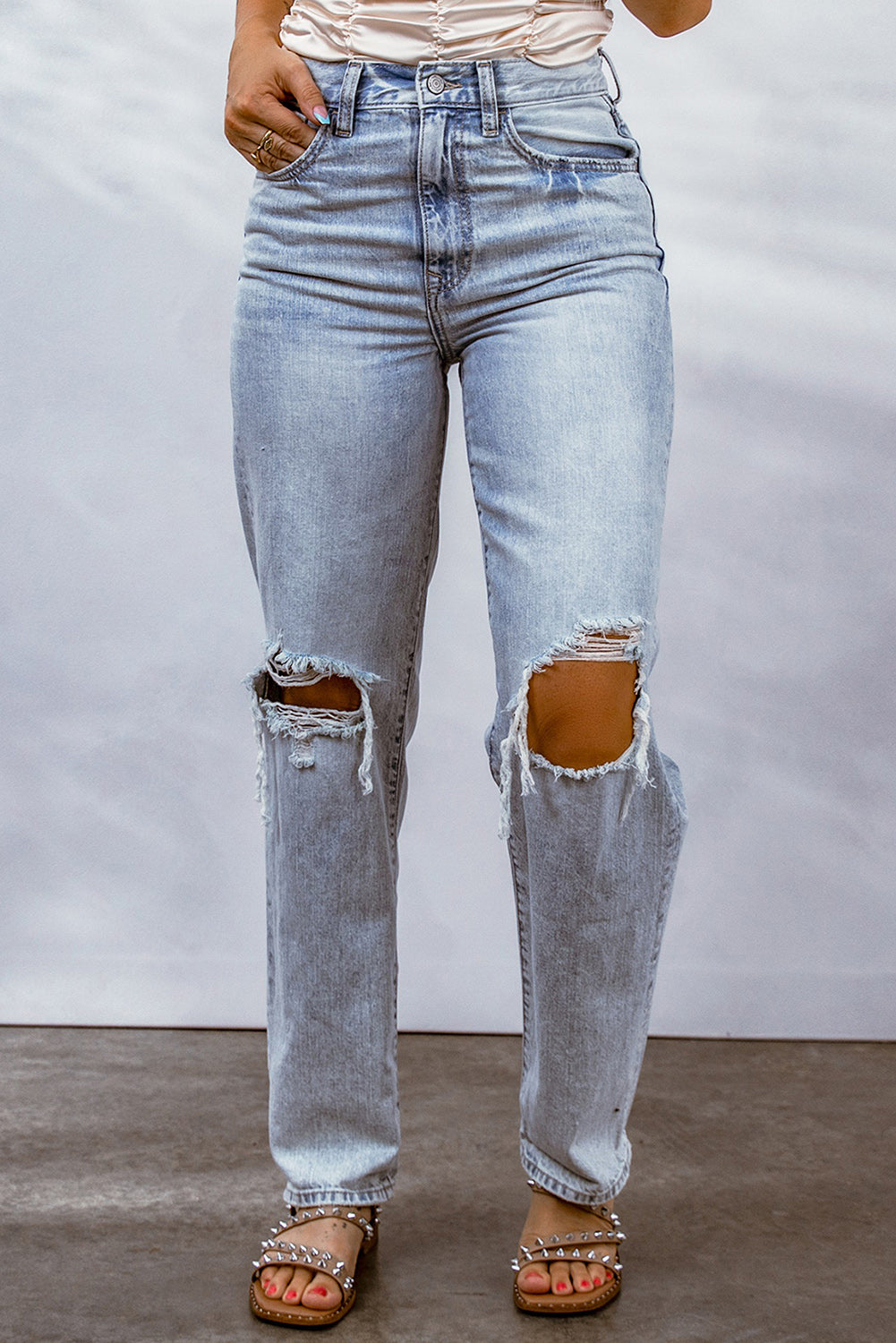 Sky Blue Hollow-out Knee Ripped Boyfriend Jeans