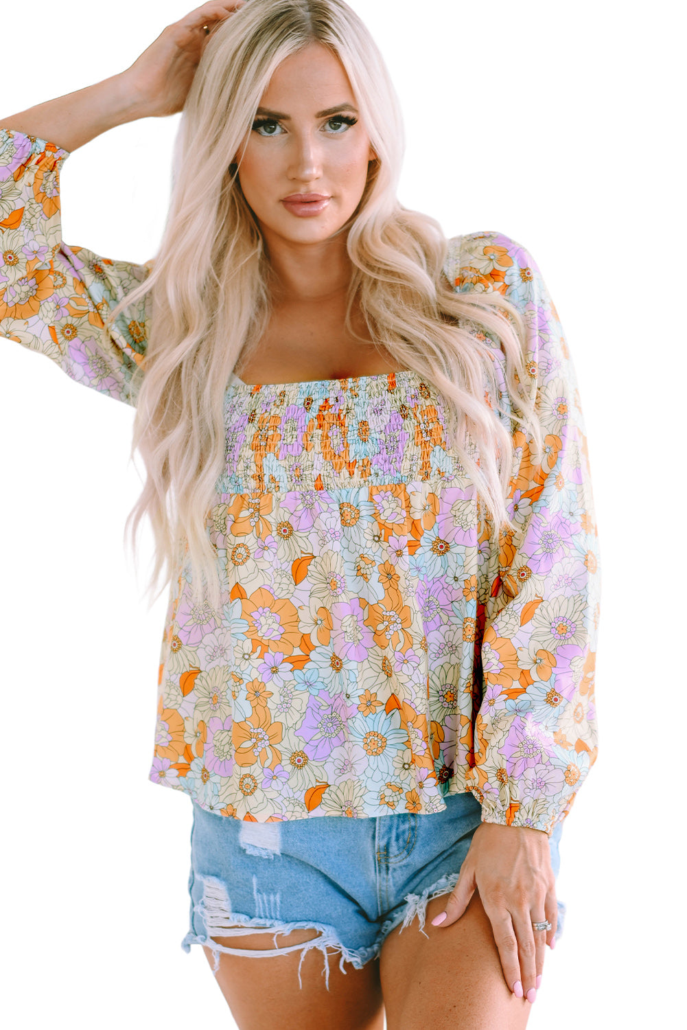 Blusa babydoll con escote cuadrado y mangas abullonadas con estampado floral naranja