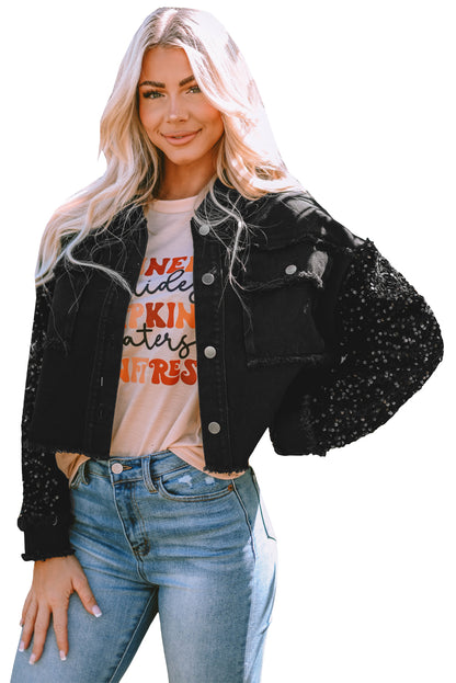 Black Sequin Sleeve Pocketed Raw Hem Denim Jacket