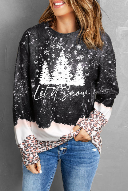 Sudadera con estampado navideño de leopardo y nieve en color negro 