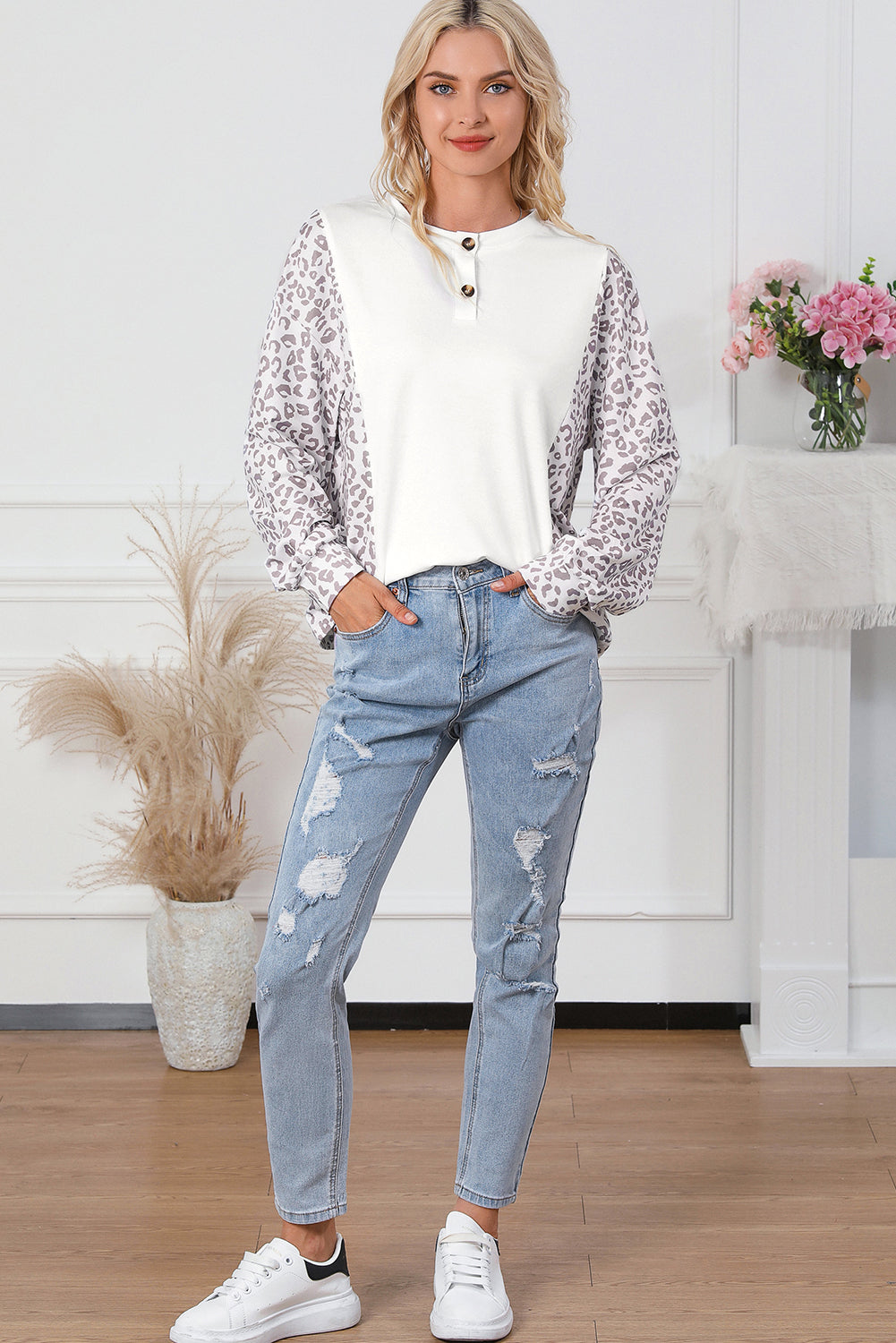 Top Henley con mangas dolman y estampado de leopardo en contraste 