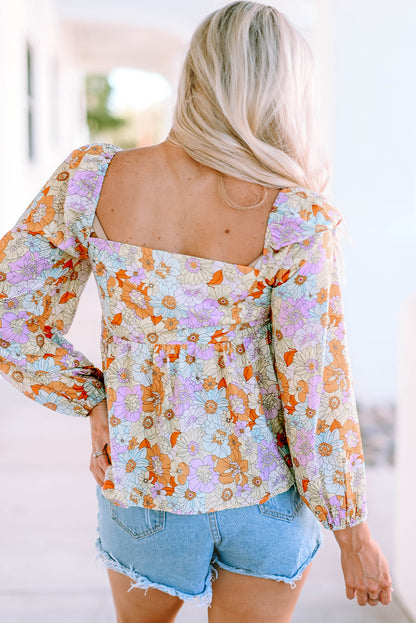 Blusa babydoll con escote cuadrado y mangas abullonadas con estampado floral naranja