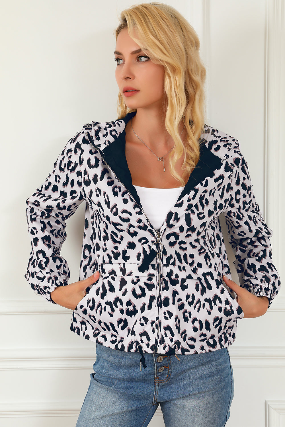 Leopard Zip Up Collared Hooded Windbreaker