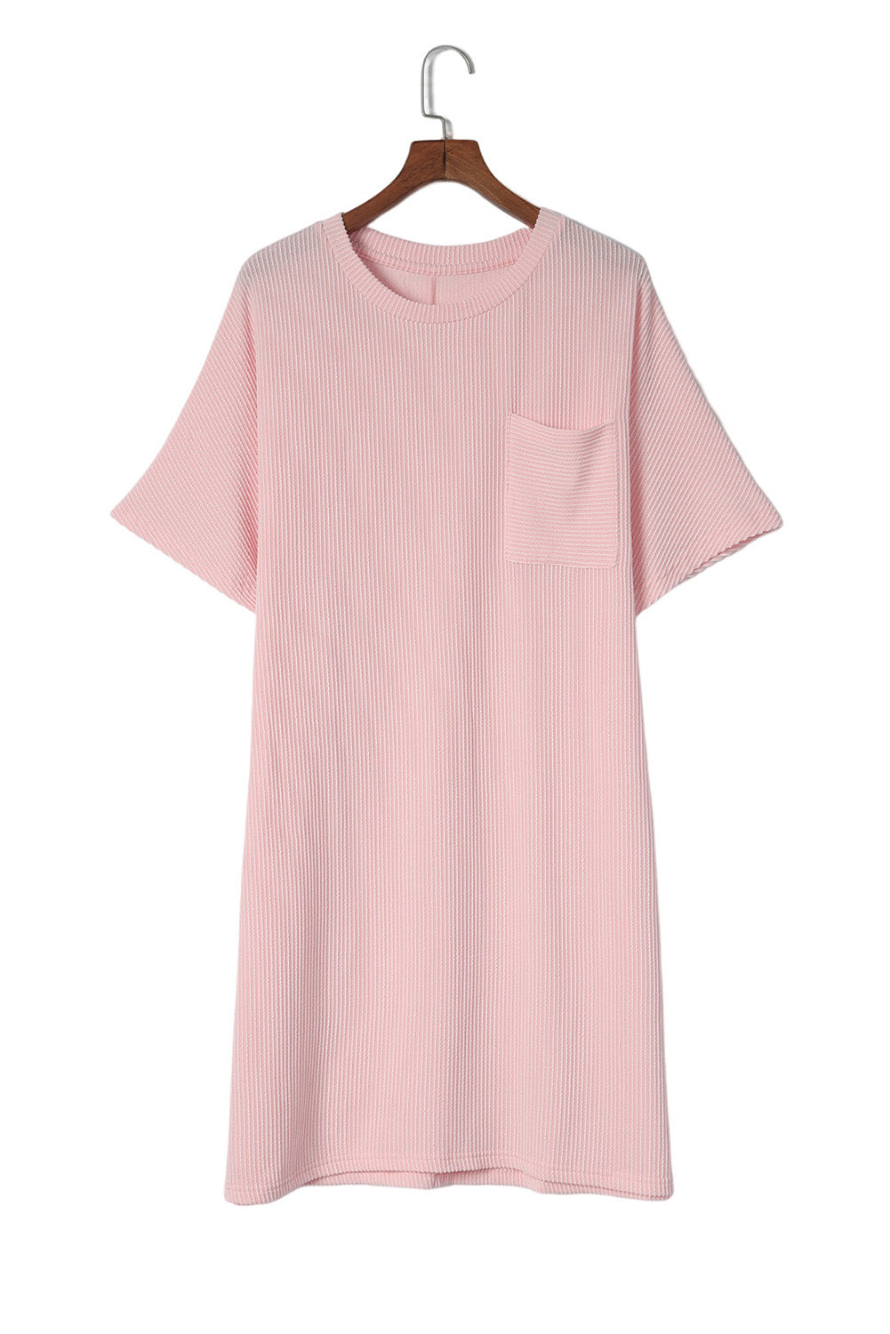 Pink Ribbed Chest Pocket Short Sleeve Lounge Dress