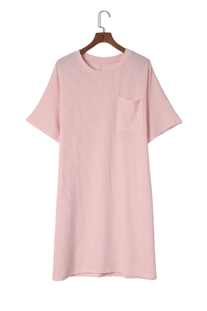 Pink Ribbed Chest Pocket Short Sleeve Lounge Dress