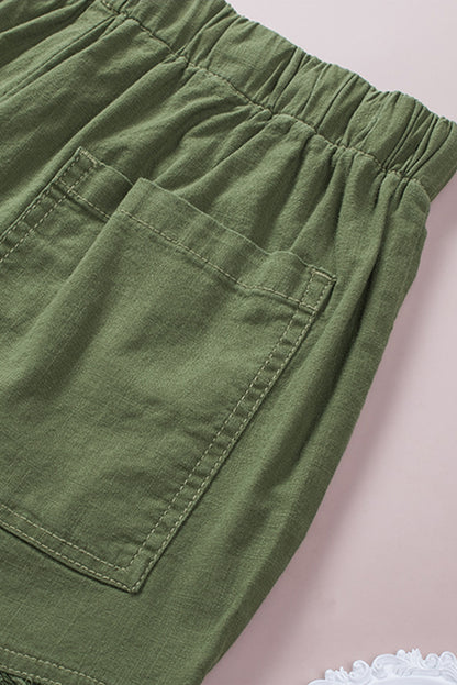 Green Casual Pocketed Frayed Denim Shorts