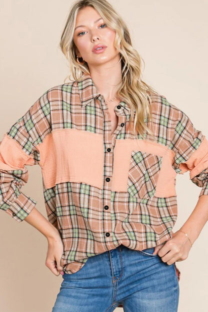 Camisa oversize con estampado de cuadros y patchwork arrugado en color naranja