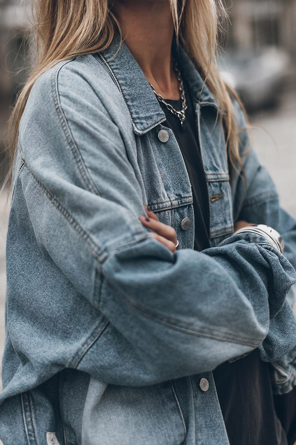 Sky Blue Metal Buttons Flap Pocket Drop Shoulder Denim Jacket