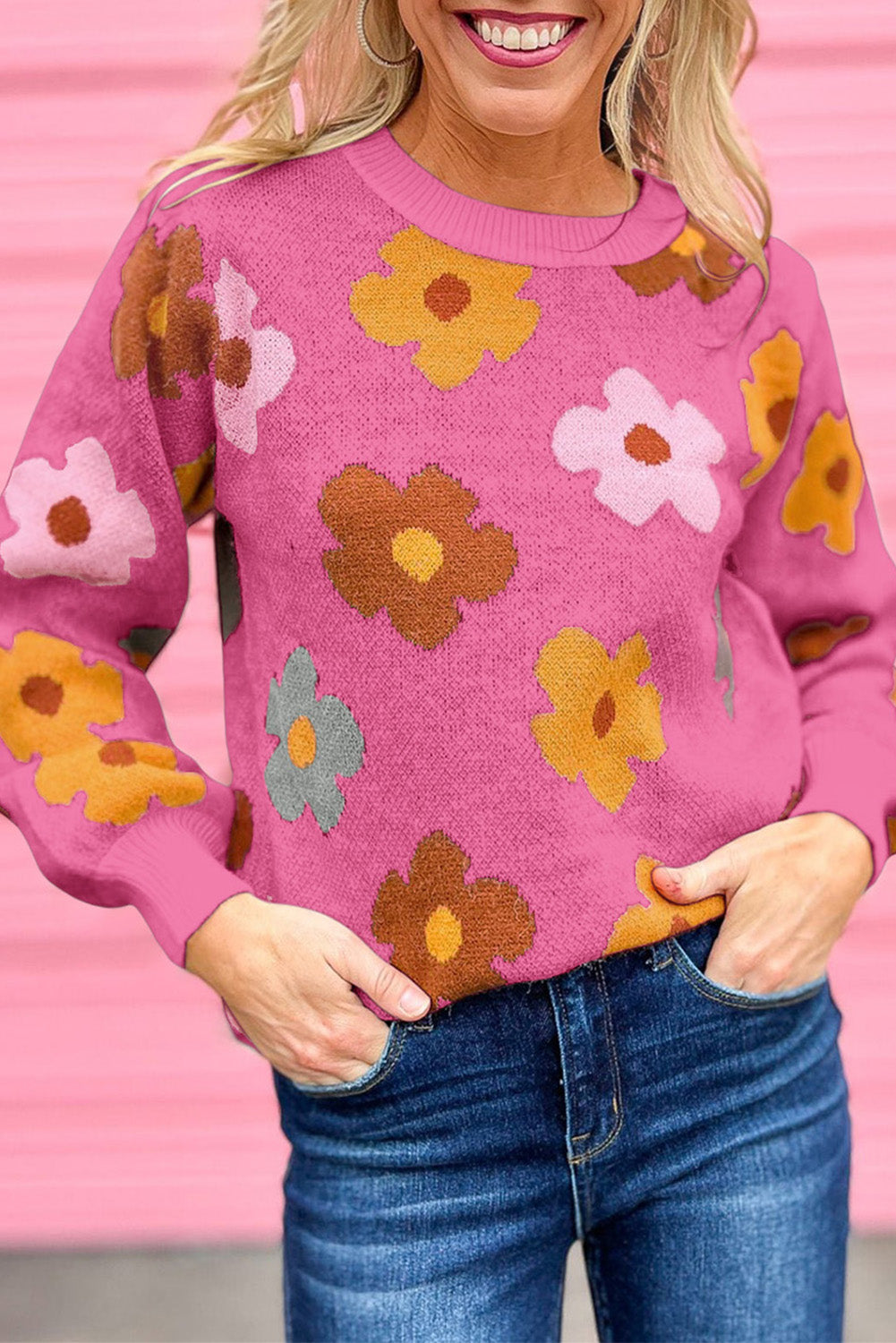 Ribbed Trim Flower Sweater