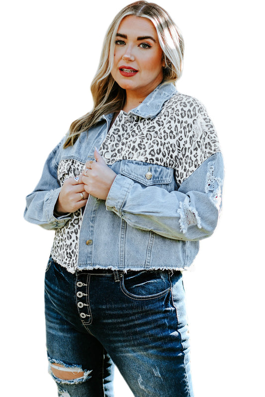 Leopard Ripped Cropped Denim Jacket