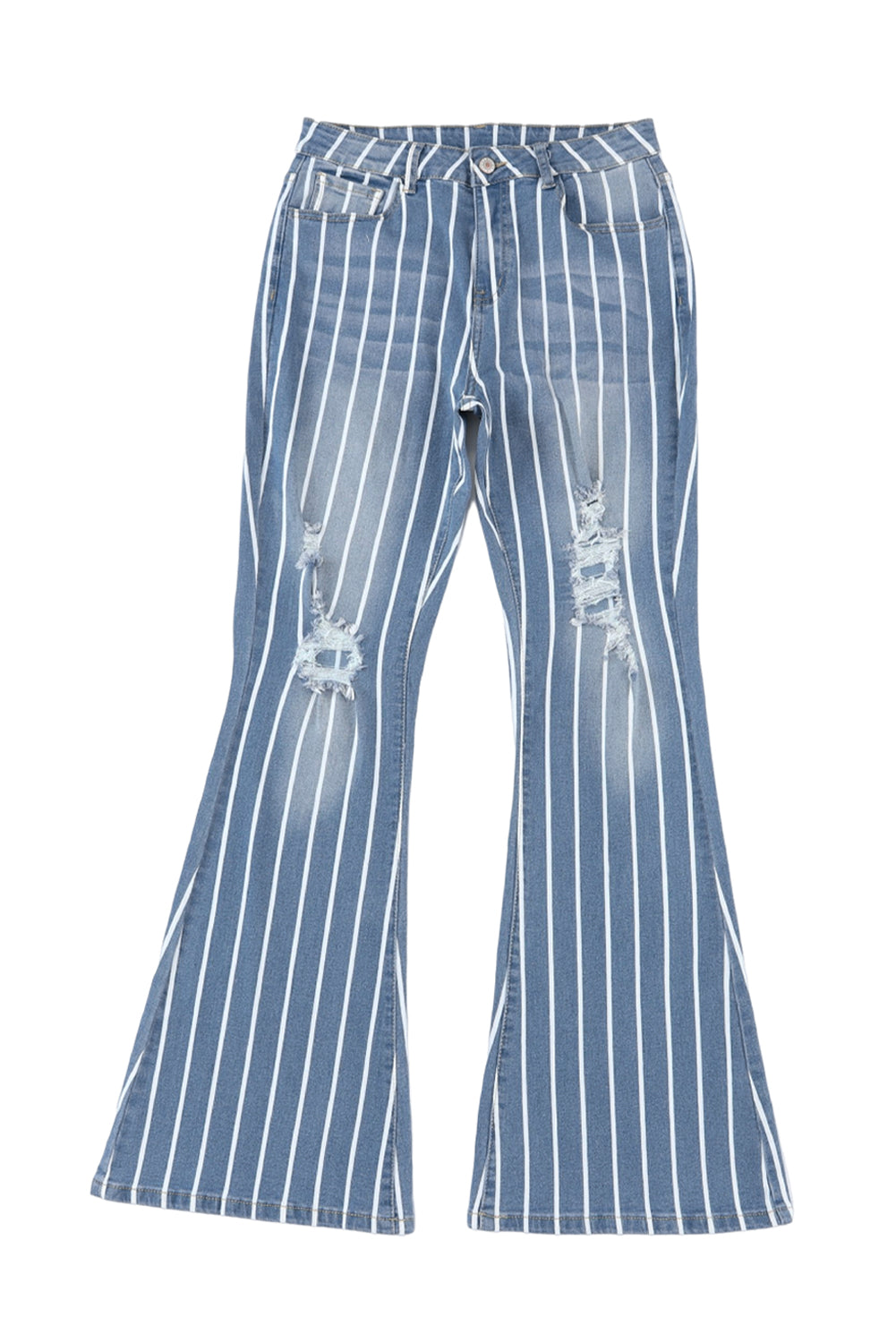 Show off your sporty side in our retro-fab sandblasted denim flares with v-stripes and light distressing! Flaunt the 5-pocket, zip-and-button design that's forever chic and forever in flare. Comfy-stretchy in a 71.5% Cotton, 25% Polyester, 2% Viscose, and 1.5% Elastane blend means these are a no-brainer.