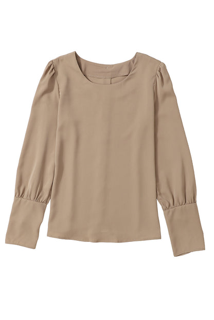 Brown Plain Button Back Cuffed Puff Sleeve Blouse