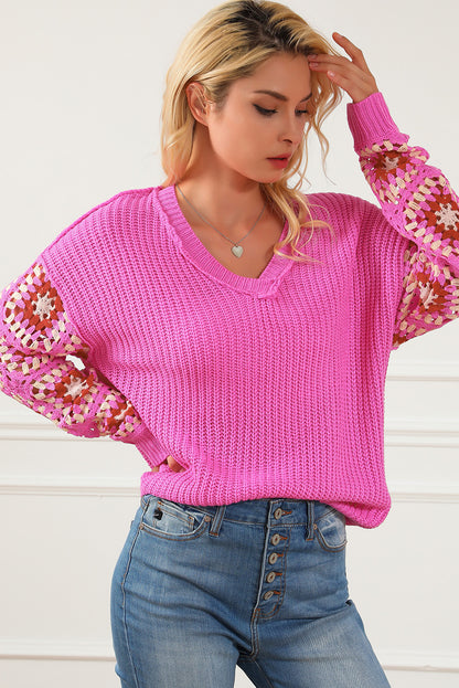 Rose Floral Crochet Cable Knit V Neck Sweater