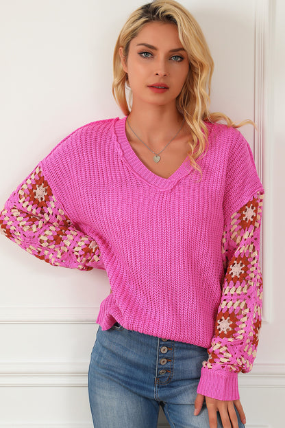 Rose Floral Crochet Cable Knit V Neck Sweater