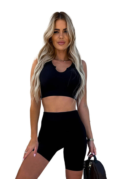 Black Ribbed Sports Bra and High Waist Shorts Active Set