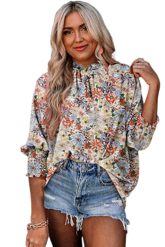 Blusa con estampado floral y mangas abullonadas con puños fruncidos multicolor