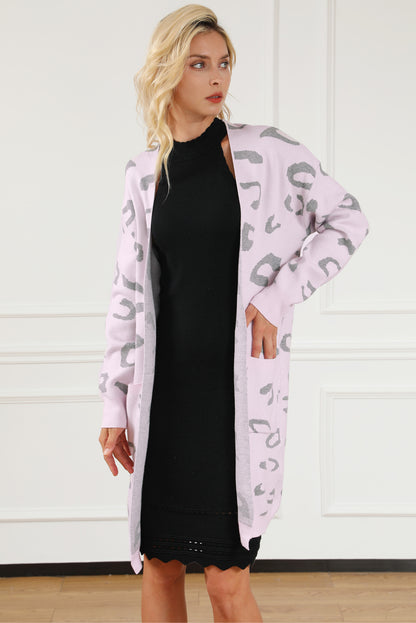 Pink Leopard Pocketed Open Front Long Cardigan