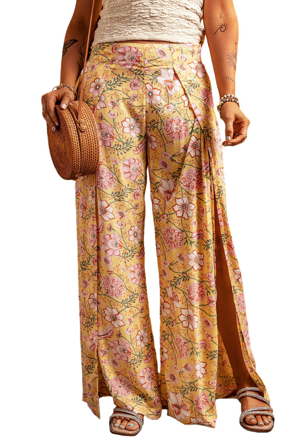 Rock these vibrant pants & show off your fashion-forward side! Their front slit design & high waist create a flattering silhouette. Freedom & comfort come with the wide-leg cut—all in 100% Polyester!