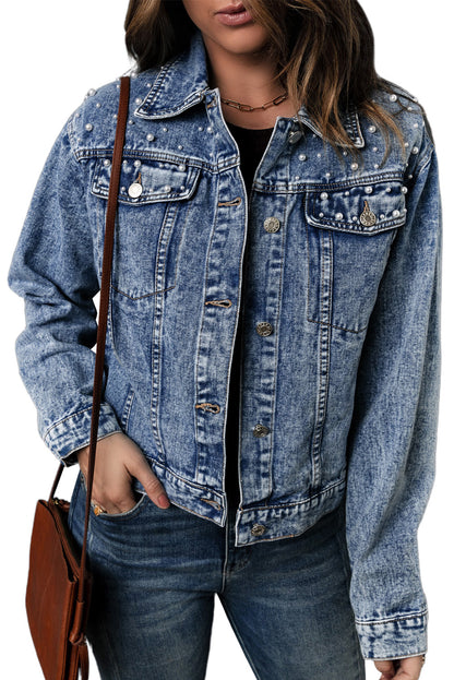 Sky Blue Pearl Turn Down Collar Denim Jacket