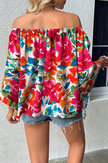 Blusa de manga ancha con hombros descubiertos y estampado floral multicolor