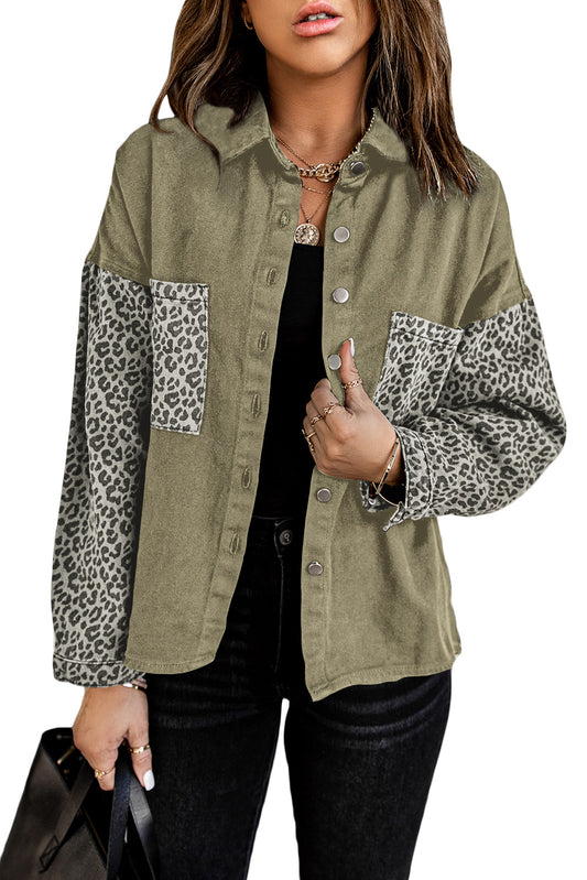 This denim jacket has some FLARE! Our Contrast Leopard Denim Jacket gives you light wash denim with contrast leopard sleeves for an edgy look. The relaxed fit is great for any shape and strikes the perfect balance between casual and classy. Snap closures and two bust pockets complete the ensemble. Come on, you know you're curious - 83% Cotton, 17% Polyester in Green, White, Black, or Light Wash!