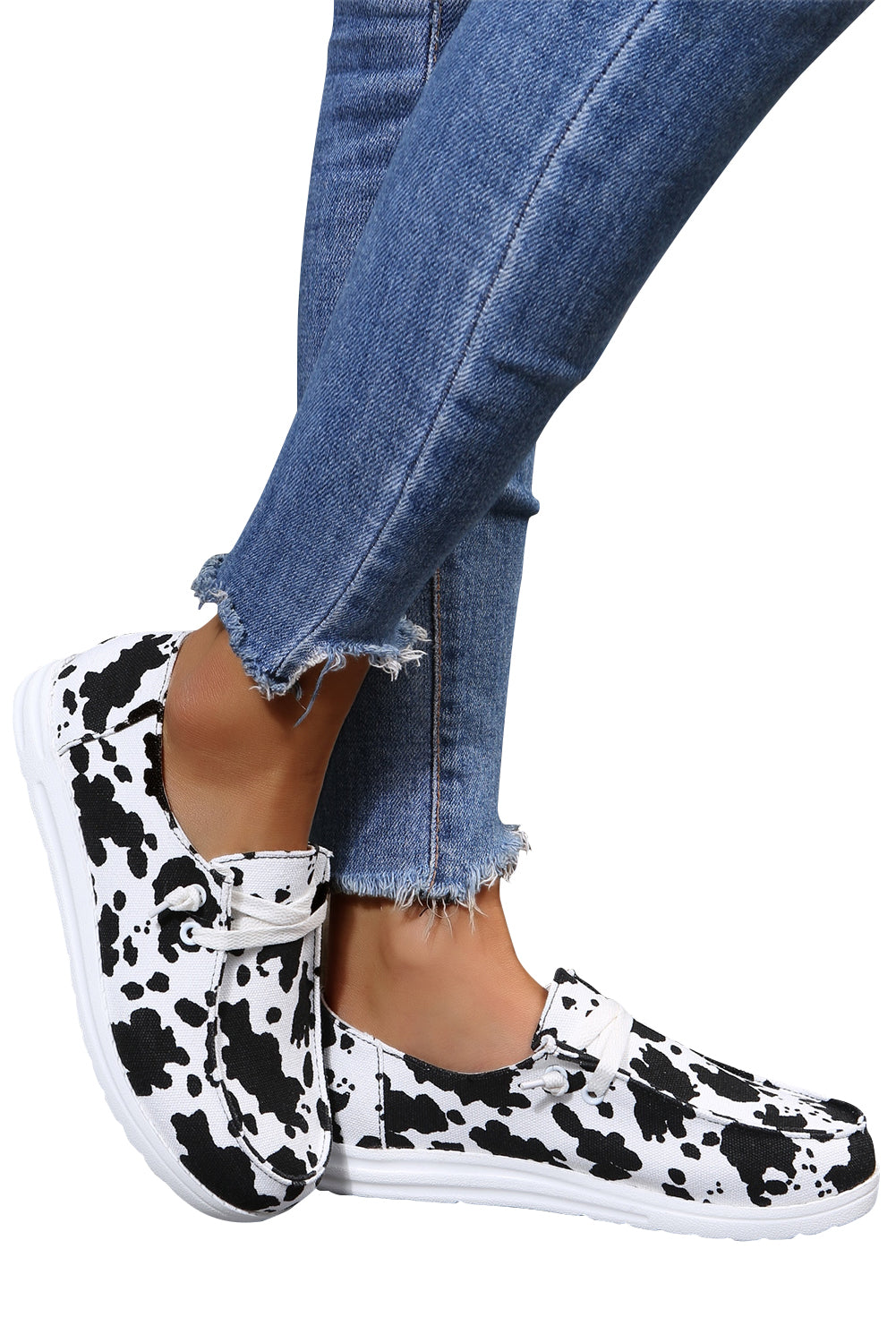 White Cow Print Lace Up Round Toe Flat Sneakers