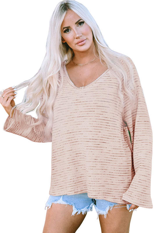 Pink Waffled Knit Long Sleeve V-Neck Frayed Top