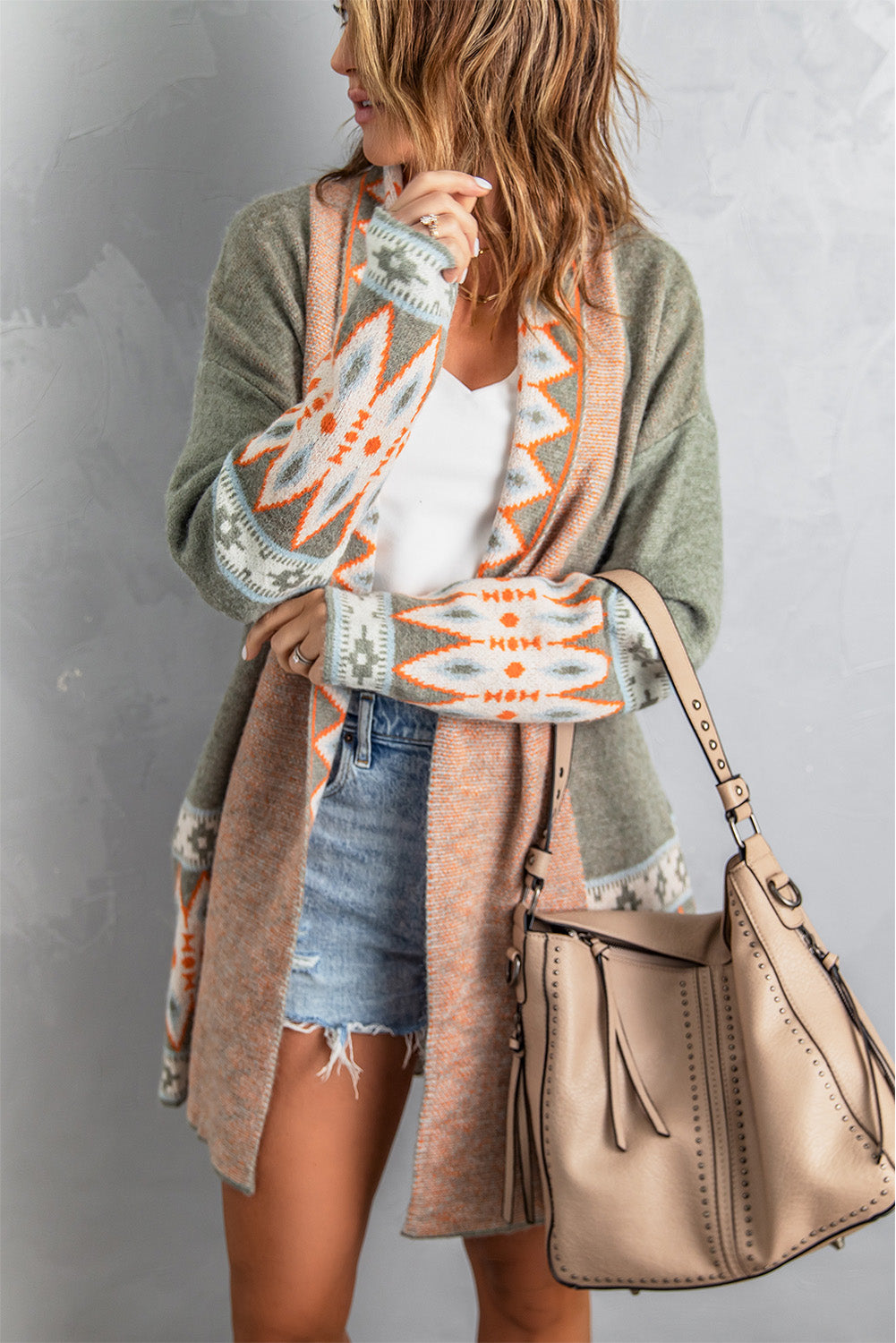 Green Aztec Print Open Front Knitted Cardigan