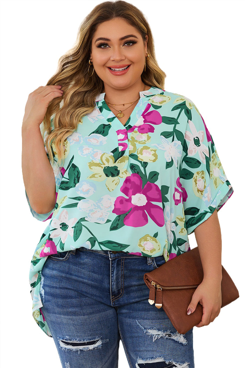 Blusa con escote en V y flores 